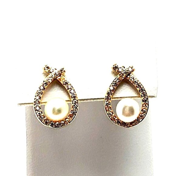 Natural Pearl 18K Gold Plated Rhinestone Stud Post Earrings - Picture 2 of 5